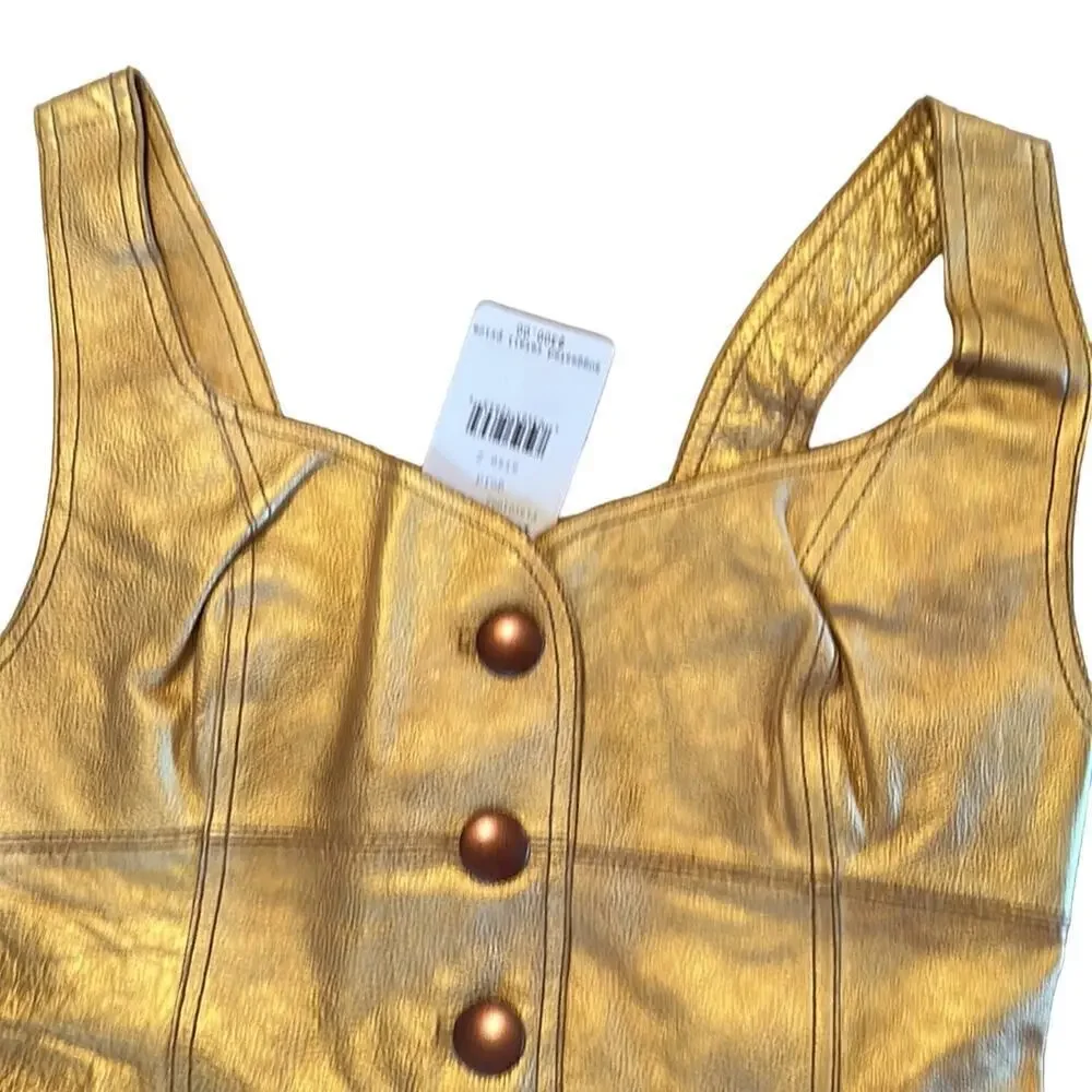 Free People Womens Goldie Metallic Leather Sweetheart Neckline Dress Size 2 Gold